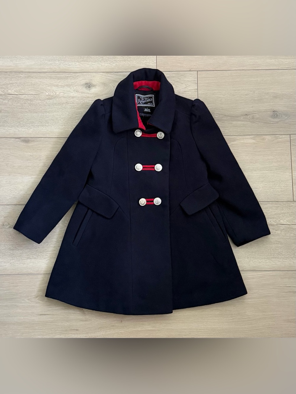 Rothschild Girls Size 4 Navy Blue Dress Coat Red Trim Silver Buttons
